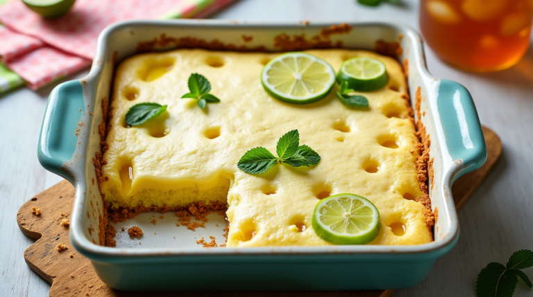 Moist Key Lime Poke Cake with lime slices and graham cracker topping for summer parties.